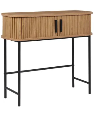 Produktbild von BELIANI Konsolentisch Hellbraun MDF-Platte mit 2 Schiebetüren Lamellen-Optik Retro Frisierkonsole Schminktisch Schlafzimmer Wohnzimmer Ausstattung