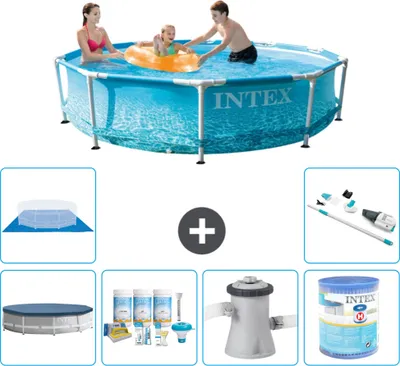 Produktbild von Intex-Schwimmbecken mit rundem Rahmen – 305 x 76 cm – Wasserdruck – im Lieferumfang enthalten Abdeckung - Wartungspaket - Filterpumpe für Schwimmbad - Filter - Bodenplane - Staubsauger