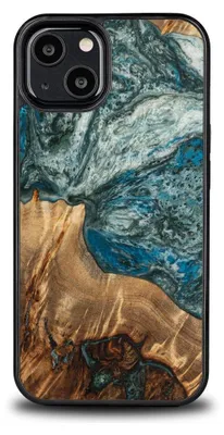 A close-up shot of an iPhone 13 case with a unique, abstract design resembling natural elements like wood grain and water.