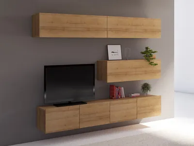 Produktbild von Wohnwand CALABRINI-8 Wohnzimmer-Set Hängewohnwand Schrankwand TV-Schrank Moderne Anbauwand (Goldene Eiche)