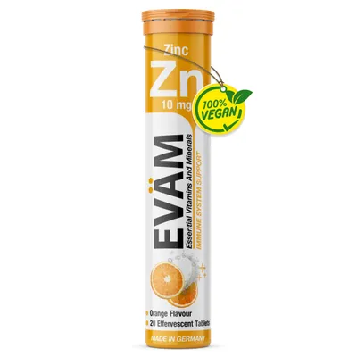 Produktbild von Zink 10 mg Brausetabletten 20 Stk, Orange, vegan, ohne Zuckerzusatz, für Immunsystem, Haut, Haare & Nägel – EVÄM
