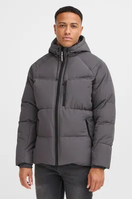 Image de Mélange BHMkars : Veste matelassée pour hommes, veste d'hiver, veste avec capuche, col montant, poche poitrine, poches zippées, détails de la marque, coupe classique
