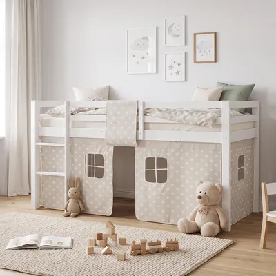 Produktbild von Homestyle4u Hochbett 90x200 Kinder ohne Lattenrost Weiß mit Sternen Vorhang mit Rausfallschutz