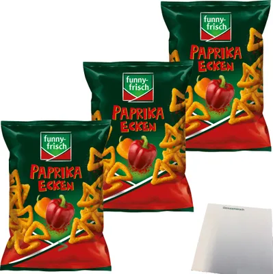 Produktbild von Funny Frisch Paprika Ecken Knabbergebäck pikant-würzige Knabberei 3er Pack (3x75g Tüte) + usy Block