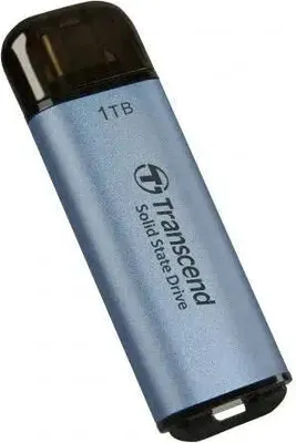 A blue Transcend 1TB external SSD is shown against a white background.