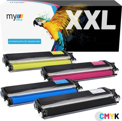 Four toner cartridges are displayed in front of a box with a parrot graphic.