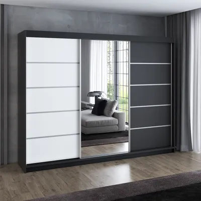 Produktbild von Schwebetürenschrank 200 cm, 3-türig, mit Spiegel & 4 Schubladen, Retro-Stil, modern, in Weiß/Schwarz/Sonoma – Kleiderschrank VILUNO 1