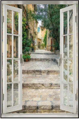 Produktbild von Wallario Wandbild mit Fenster-Illusion: Alte steinerne Gasse in Südfrankreich, Größe: 61 x 91,5 cm, Poster mit schwarzem Aluminiumrahmen