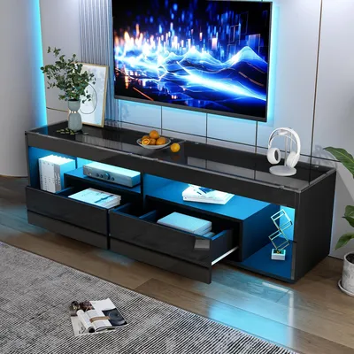 Image de MODFU Meuble TV Élégant avec Éclairage LED et 2 Tiroirs - Meuble Bas Haute Brillance, Noir et MDF, 180×40×46 cm