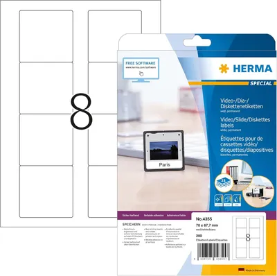 Zdjęcie produktu dla HERMA 4355, Biały, Samoprzylepne etykiety do drukowania, A4, Papier, Laser/Atrament, Na stałe