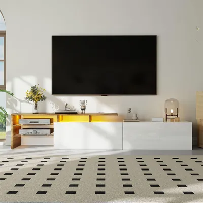 Immagine prodotto di Mobile TV moderno con ripiani in vetro – finitura bianca lucida e aspetto effetto legno