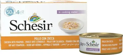 Produktbild von SCHESIR Hähnchenfilets mit Kürbis in Brühe – Nassfutter für Katzen – 6x50g