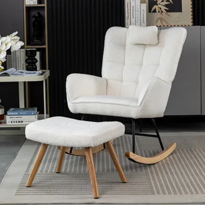 Produktbild von okwish Schaukelstuhl Sessel mit Fußhocker, Metallgestell und Holzsockel, Schwingsessel Relaxstuhl Retro Sessel mit Rückenlehne Wohnzimmer Polstersessel Schaukelsessel, Weiß