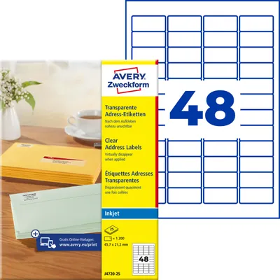 Produktbild von Avery Zweckform J4720-25, Adress-Etiketten, A4, 45,7 x 21,2 mm, 1.200 Etiketten / 25 Bögen, transparent