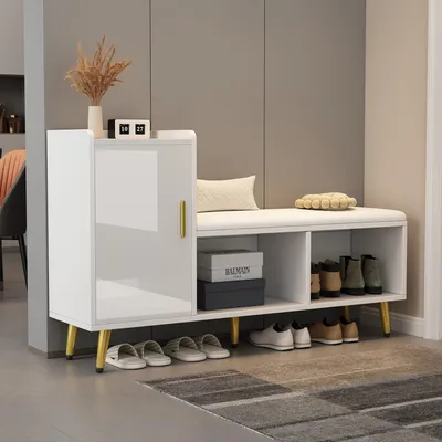 Image de MODFU Meuble à Chaussures Blanc avec Banc Rembourré et 3 Étagères Réglables - Meuble de Rangement Moderne, MDF, 120×35×71,5 cm