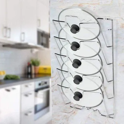 Produktbild von Famanu Halter für Pfannendeckel zur Wand- und Türmontage - Aufbewahrungslösung für 5 Deckel - 434 x 278 x 97 cm