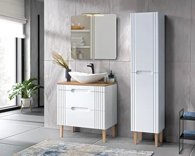 Zdjęcie produktu dla Biała Szafka Łazienkowa 80 Cm Z Umywalką, Słupkiem I Lustrem Bez Ramy