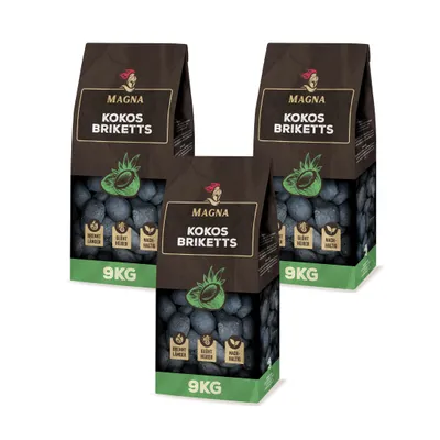 Produktbild von 27KG (3 Säcke x 9KG) MAGNA Premium Kokosbriketts Grillkohle Holzkohle Briketts Kokoskohle Kokos Kohle BBQ