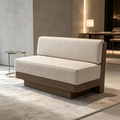 Produktbild von Holzbank mit Armlehnen, hellbeiger Stoffbezug, Schaumstoffpolsterung, bequem und stabil, ideal für Café, Zweisitz 120*60*80cm 【BUWEN-20】