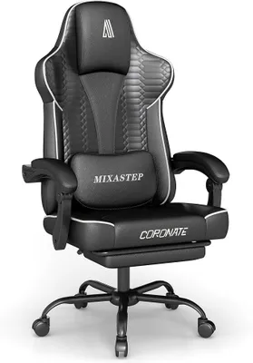 Imagen del producto de Silla de juego ergonómica, silla de oficina con reposapiés, ajustable en altura e inclinable, cojín de asiento extra ancho (51 cm), soporte lumbar ergonómico, capacidad de carga hasta 150 kg