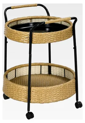 Produktbild von Servierwagen aus Rattan mit 2 Regalen, runder Küchenwagen, Gartenrollwagen mit Griffen, Outdoor-Barwagen für Balkon, Stahlrahmen, Φ50 x 66 cm, Natur