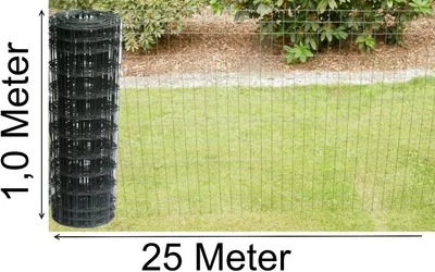 A roll of black wire mesh fencing is shown next to a section of installed green wire mesh fencing in a grassy yard with bushes and mulch in the background. Dimensions are indicated by text overlays.