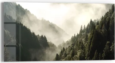 Produktbild von DEQORI Glasbild Echtglas 60x30 cm 'Nebel in den Bergen' Wandbild Bild modern Deko
