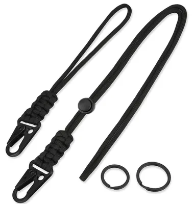 Produktbild von 2 Paracord-Lanyards mit Schlüsselanhängern, Schultergurte für Ausweishüllen, Kartenhalter mit Karabiner, schwarze Kordel