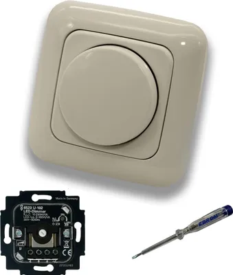 Produktbild von Busch Jäger 6523U-102 LED-Drehdimmer LED-Dimmer mit Dimmerscheibe Zentralplatte 2115-212 Einfachrahmen in DURO2000 cremeweiß glänzend inklusive EBROM Phasenprüfer zur Montage des Dimmers 6523 U – 102