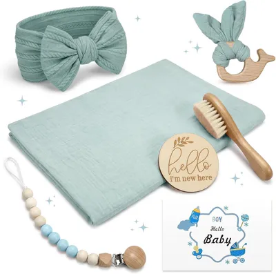 Zdjęcie produktu dla Babycadeaus voor geboorte jongens meisjes, 7 stuks gepersonaliseerd met badhanddoeken, bijtring hout