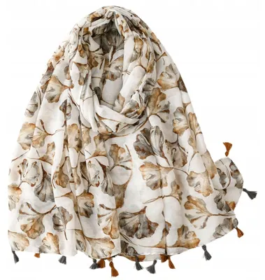 Immagine prodotto di Sciarpa beige KAMEA con motivo a foglie e frange, 180x90 cm