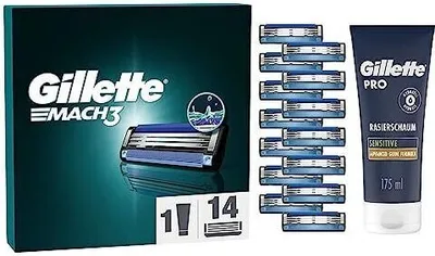 Produktbild von Gillette Mach3 Rasierklingen, 14 Ersatzklingen für Nassrasierer Herren mit 3-fach Klinge + Gillette PRO Sensitive Rasierschaum 175 ml, Geschenk für Männer NS