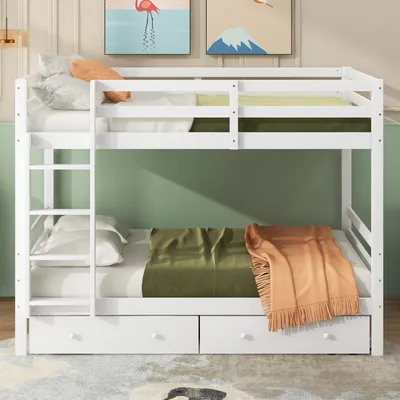 Obrázek produktu pro Okwish patrová postel dřevěná 140x200 cm s úložným prostorem - 2 zásuvky, dětská manželská postel - vysoké zábradlí, bez matrace - bílá