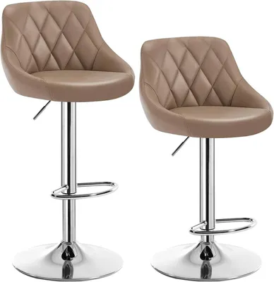 Two khaki bar stools are shown against a white background.
