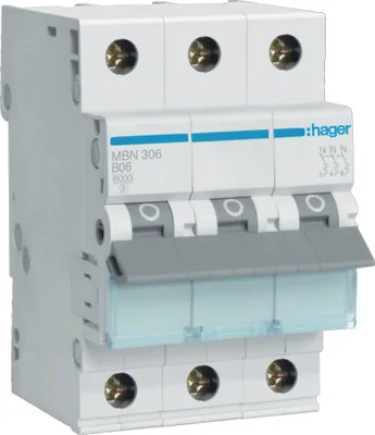 Immagine prodotto di Interruttore Hager LS a 3 poli 6 kA caratteristica B 6 A 3 moduli Haber MBN306, 1 pz.