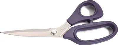 A pair of purple and silver professional scissors on a white background.