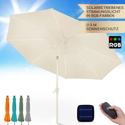 Produktbild von Blumfeldt Sonnenschirm für den Balkon & Garten, Sonnenschirm mit UV-Schutz, LED-Beleuchtung & Wasserdicht, Sonnenschirme Rund, Stabil & Knickbar, Sonnenschutz mit Solar, Runder Parasol Gartenschirm