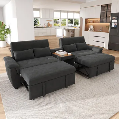 Immagine prodotto di Divano letto estendibile MODFU, divano relax con schienale regolabile, divano a 4 posti con 4 cuscini, tavolino con 2 portabicchieri e area per animali domestici, tessuto chenille, colore grigio scuro