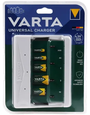 Produktbild von Varta Universal Charger, Nickel-Metallhydrid (NiMH), Kurzschluß, 9V, AA, AAA, C, D, 4 Stück(e), Akkus/Batterien enthalten
