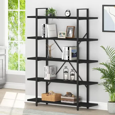 Productafbeelding van Boekenkast, zwart, 5 niveaus, metalen frame, MDF, industriële stijl, 120x32x216 cm