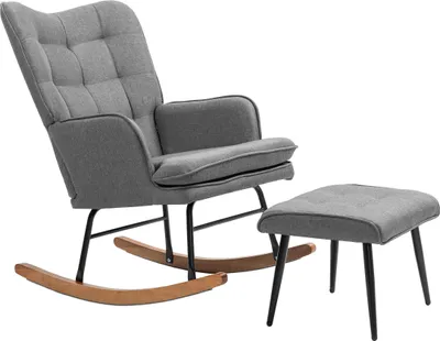 Productafbeelding van Schommelstoel met voetenbank, geschikt tot 130 kg. Schommelstoel, relaxstoel met armleuningen, met een linnenlook voor comfortabel ontspannen