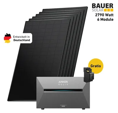 Produktbild von 2700 Watt, Bifazial Komplettset, Balkonkraftwerk, Anker SOLIX Solarbank 3 E2700 Pro, BP2700 Zusatzbatterie, Halterung Bitumendach vertikal