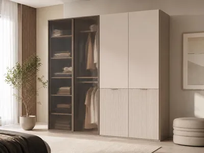 Produktbild von MOEBLO Drehtürenschrank Minewra Flutes  200 cm, Falttürenschrank 4-türig, Schrank mit Einlegeböden und Kleiderstange, Schlafzimmer - Kaschmir