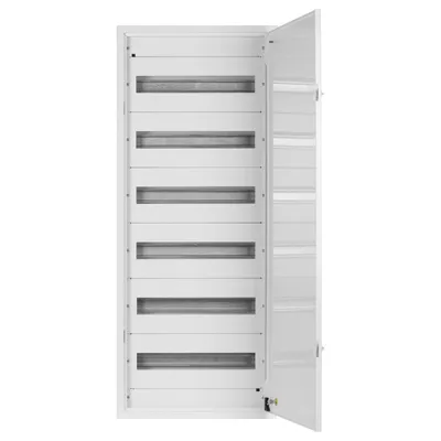 An open white metal electrical distribution box with multiple rows of slots for modules.