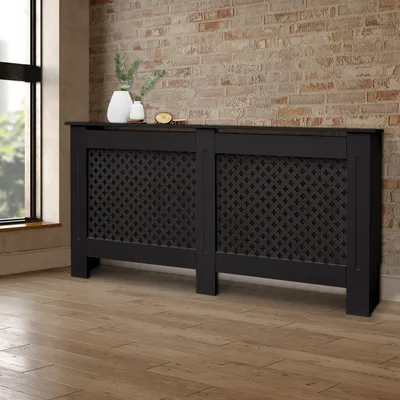 Produktbild von ECD Germany Heizkörperverkleidung mit Wabenmuster 152x19x82 cm, Schwarz, aus MDF lackiert, Heizungsverkleidung für Schlafzimmer Wohnzimmer