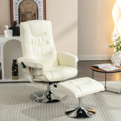 Image de OKWISH Fauteuil Relax avec Repose-Pieds Pivotant 360° - Massage et Dossier Réglable, Simili Cuir Beige