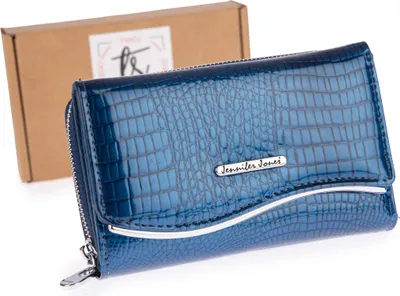 Zdjęcie produktu dla Jennifer Jones Portfel Damski Lakierowany Duży Skórzany Croco z ochroną kart RFID Niebieski
