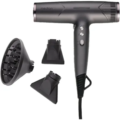 Obrázek produktu pro MEDION Fén - iontový fén s difuzérem HD2 (ionty, 1 500 W, stylingová tryska, univerzální nástavce, tichý a odolný motor BLDC, samočisticí funkce, dlouhý napájecí kabel) Fén černý