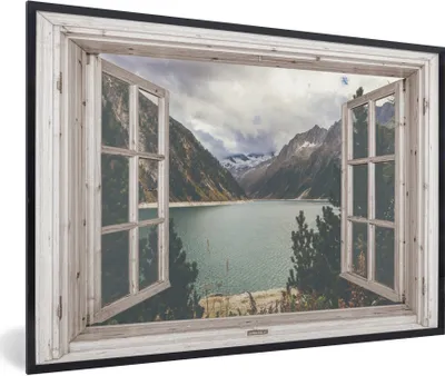 Produktbild von MuchoWow® Gerahmtes Poster Aussicht - Wasser - Berg 90x60 cm - Poster mit Schwarzem Bilderrahmen Wandposter Rahmen Foto Bilder - Fotorahmen - Foto-Plakat