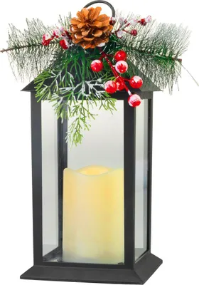 Zdjęcie produktu dla Lampion MagicHome świąteczny, z gałązką, z tworzywa sztucznego, czarny, 1 żarówka LED w kolorze żółtym, 14 x 14 x 32,2 cm, 3 baterie AAA, ruchomy płomień